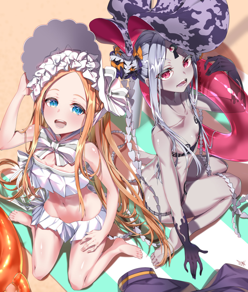 2girls abigail_williams_(fate/grand_order) abigail_williams_(swimsuit_foreigner)_(fate) absurdres acuma bangs bare_shoulders bikini black_bikini black_bow blonde_hair blue_eyes bow braid braided_bun breasts collarbone double_bun dress_swimsuit dual_persona fate/grand_order fate_(series) forehead highres innertube keyhole long_hair multiple_bows multiple_girls navel open_mouth orange_bow parted_bangs pink_eyes sidelocks small_breasts smile swimsuit third_eye twintails very_long_hair white_hair white_headwear white_skin white_swimsuit