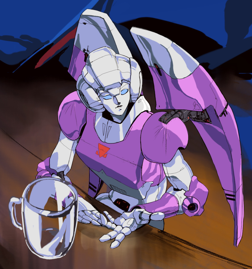1girl arcee autobot beer_mug blue_eyes cup english_commentary highres hinomars19 looking_to_the_side mecha mug no_humans open_hand sitting solo transformers