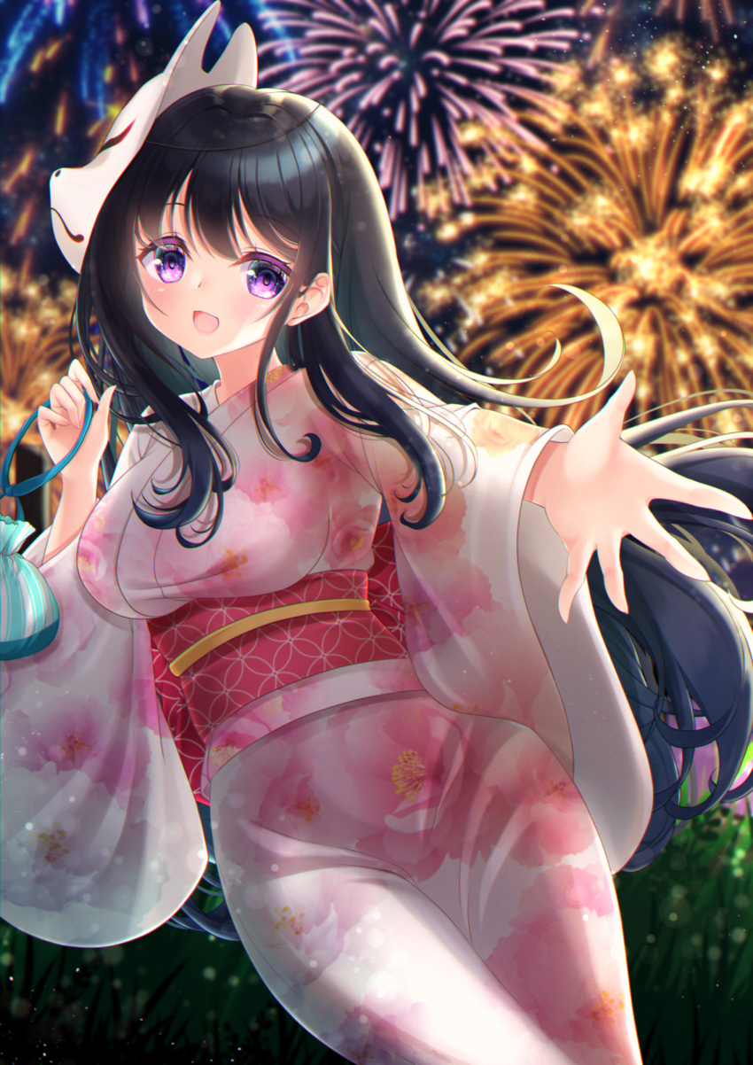 1girl :d aerial_fireworks bangs black_hair blurry blurry_background blush breasts commentary_request depth_of_field eyebrows_visible_through_hair fireworks floral_print fox_mask highres holding japanese_clothes kimono kinchaku long_hair long_sleeves looking_at_viewer mask mask_on_head medium_breasts mirai_(happy-floral) night obi open_mouth original outdoors outstretched_arm pink_kimono pouch print_kimono sash smile solo very_long_hair violet_eyes wide_sleeves yukata