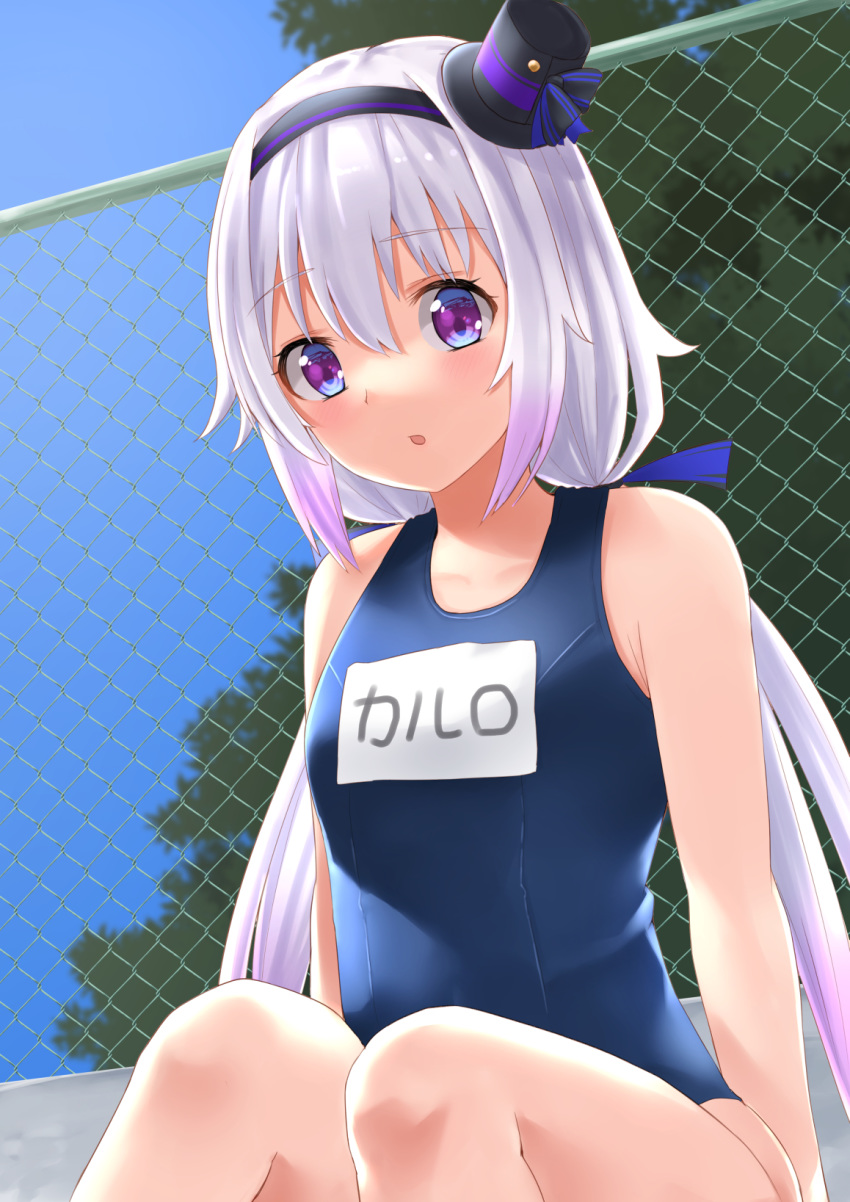 .live 1girl blush breasts carro_pino commentary_request fence hair_ornament hairband highres lavender_hair long_hair looking_at_viewer low_twintails open_mouth school_swimsuit sitting sky small_breasts solo swimsuit tipo_(tipoplaza) twintails violet_eyes virtual_youtuber