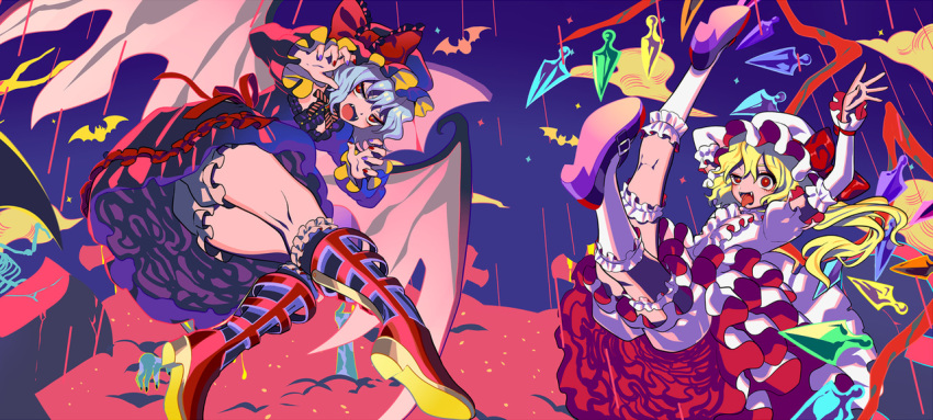 2girls arm_behind_head ass bat bat_wings blonde_hair bloomers blue_hair blue_nails boots bow buttons cheat-nu claw_pose clouds colorful crystal dress fang flandre_scarlet flying frilled_legwear frilled_shirt_collar frilled_sleeves frills from_behind garters hat kneepits looking_back mary_janes medium_hair mob_cap multiple_girls one_side_up puffy_sleeves red_bow red_dress red_eyes red_footwear red_nails red_ribbon remilia_scarlet ribbon shirt shoes short_hair side_ponytail skeleton sky striped striped_neckwear tombstone tongue tongue_out touhou underwear white_dress white_legwear white_shirt wings zombie