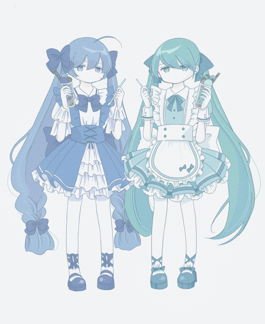 2girls absurdres ahoge apron aqua_bow aqua_dress aqua_hair bangs blue_bow blue_dress blue_hair bow bowtie cup dot_mouth dress drinking_straw frilled_apron frilled_sleeves frills hair_between_eyes hair_bow hair_ribbon hands_up hatsune_miku highres holding holding_cup layered_dress long_hair long_sleeves maid multiple_girls muted_color otomachi_una pantyhose parfait ribbon shoes tress_ribbon very_long_hair vocaloid white_legwear