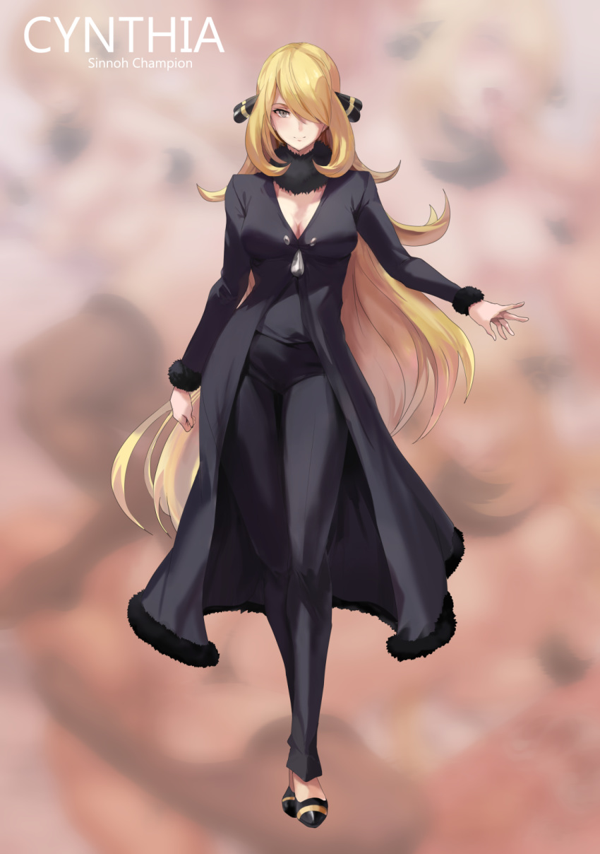 1girl black_footwear black_legwear blonde_hair blurry blurry_background blush cynthia_(pokemon) elite_four fur-trimmed_jacket fur-trimmed_sleeves fur_choker fur_trim hair_over_one_eye highres jacket long_hair pokemon pokemon_(anime) pokemon_(game) pokemon_bw pokemon_bw2 pokemon_dppt shiny shiny_hair solo terufuu yellow_eyes