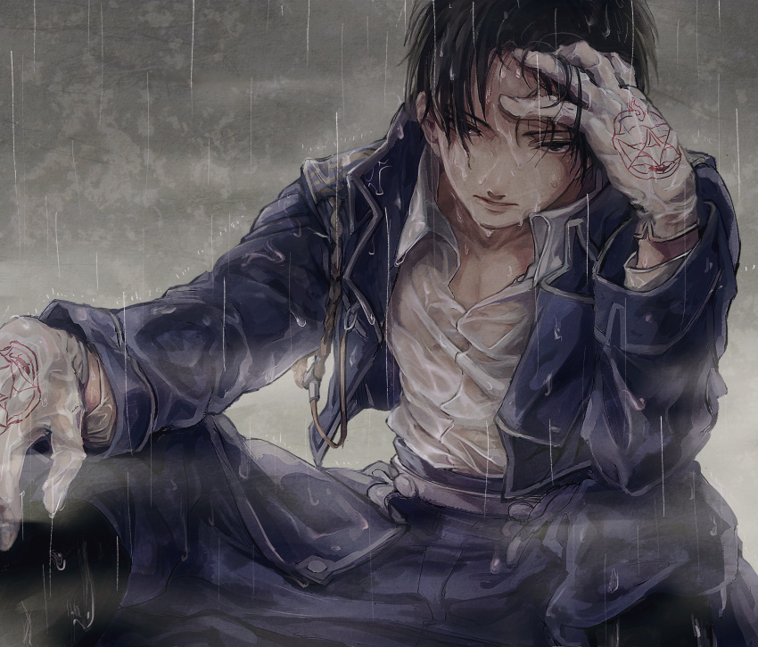 1boy adjusting_hair amestris_military_uniform bangs black_eyes black_footwear black_hair blue_jacket blue_pants boots closed_mouth clouds cloudy_sky collared_shirt commentary_request feet_out_of_frame forehead fullmetal_alchemist gloves hair_over_one_eye hand_in_hair hand_on_own_knee hand_up highres jacket knee_boots long_sleeves looking_at_viewer magic_circle male_focus military military_uniform pants partially_unbuttoned rain roy_mustang shirt short_hair sitting sky solo uniform wet wet_clothes wet_shirt white_gloves white_shirt yuu_(kotobana_0418)