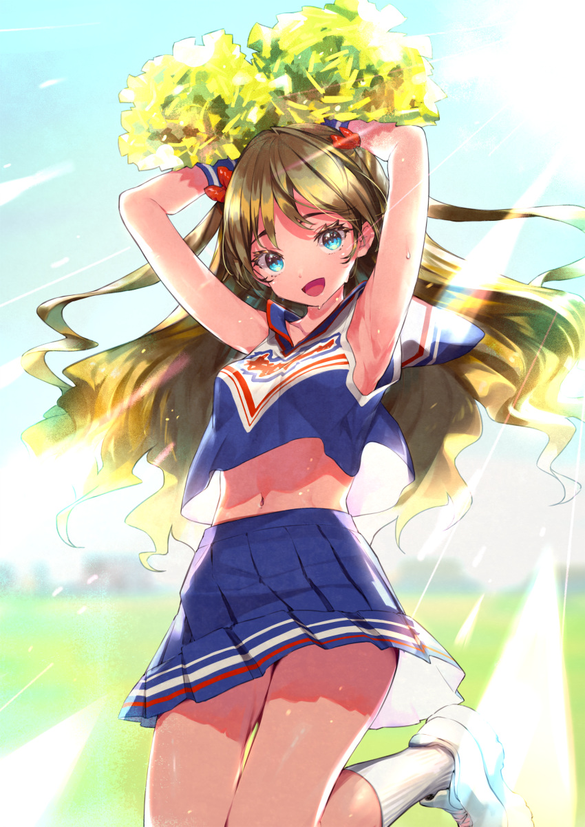 1girl :d absurdres amana_(pocketkey) armpits arms_up bangs blonde_hair blue_eyes blue_shirt blue_skirt blue_sky blurry blurry_background breasts cheerleader collarbone crop_top day field highres holding holding_pom_poms long_hair looking_at_viewer medium_breasts midriff navel open_mouth original outdoors pleated_skirt pom_poms shirt shoes skirt sky smile socks standing standing_on_one_leg sunlight sweat thighs wavy_hair white_footwear white_legwear wristband