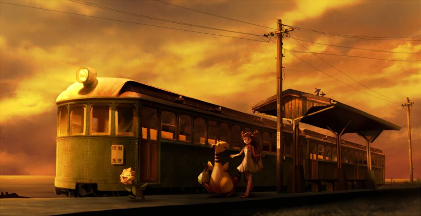 1girl ampharos brown_hair clouds commentary_request dress gen_2_pokemon ground_vehicle hair_ornament holding jasmine_(pokemon) long_hair outdoors outstretched_arms pokemon pokemon_(creature) pokemon_(game) pokemon_hgss power_lines ribero sandals shelter sky standing sunflora telephone_pole train train_station twilight