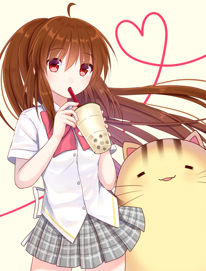 1girl akausagi brown_hair bubble_tea cat commentary_request cowboy_shot doruji dress_shirt drinking_straw grey_skirt heart highres little_busters!! long_hair looking_at_viewer natsume_rin plaid plaid_skirt pleated_skirt ponytail red_eyes school_uniform shirt short_sleeves simple_background sipping skirt white_background white_shirt