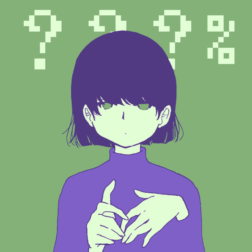 1girl ? awayawa_pic commentary_request dot_mouth expressionless green_background hands highres looking_at_viewer original purple_hair purple_shirt shirt short_hair simple_background solo
