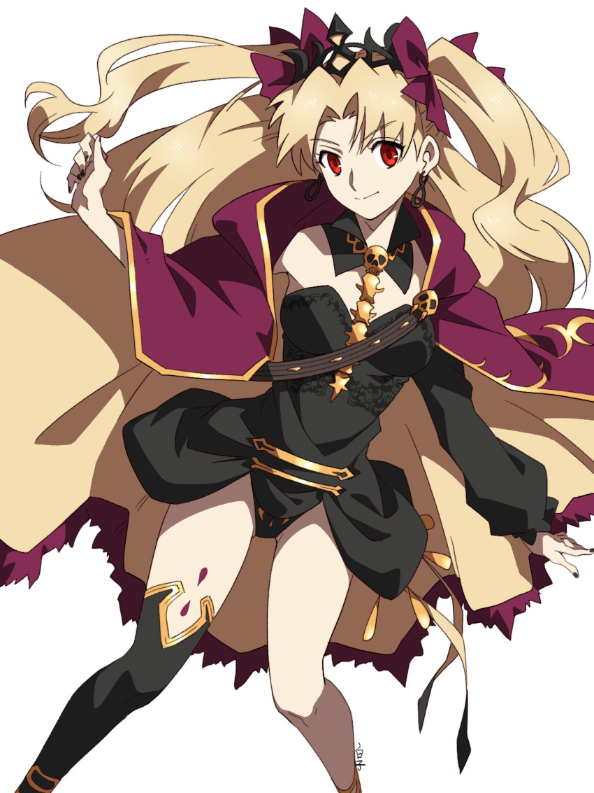 1girl bangs blonde_hair bow breasts cape cowboy_shot earrings ereshkigal_(fate/grand_order) fate/grand_order fate_(series) hair_bow hair_ribbon highres jewelry kirupi long_hair looking_at_viewer parted_bangs red_eyes ribbon smile solo tiara two_side_up very_long_hair white_background