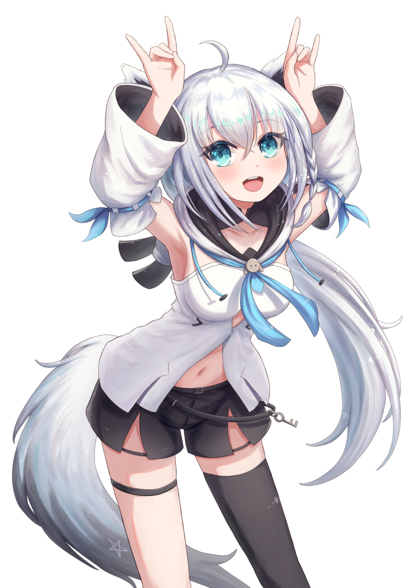 1girl animal_ears aqua_eyes blue_neckwear breasts commentary_request detached_sleeves eyebrows_visible_through_hair fox_ears fox_shadow_puppet fox_tail hands_up highres hololive long_hair looking_at_viewer medium_breasts navel open_mouth oridays ponytail shirakami_fubuki simple_background single_thighhigh smile solo standing tail thigh-highs thighs virtual_youtuber white_background white_hair