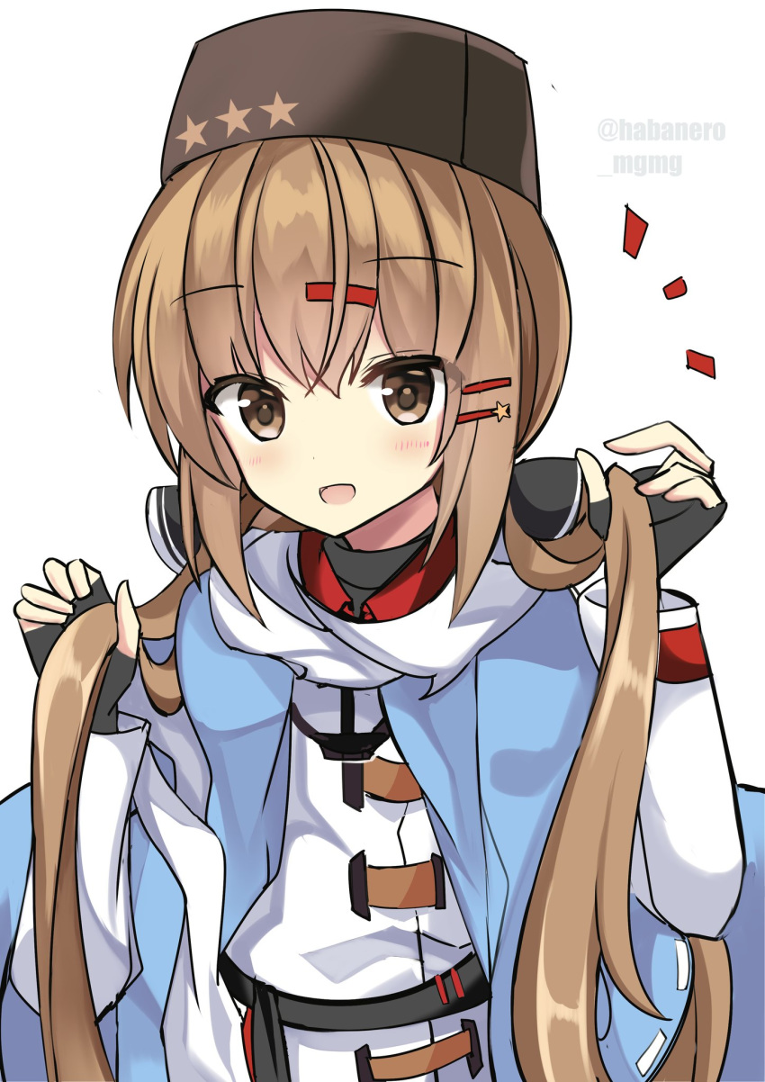 1girl anchor_necklace black_bow black_gloves black_headwear blue_shawl bow brown_eyes brown_hair fathom fingerless_gloves gloves hair_bow highres jacket kantai_collection long_hair low_twintails papakha ribbon_trim scarf simple_background smile solo tashkent_(kantai_collection) torn_scarf twintails twitter_username upper_body white_background white_jacket white_scarf