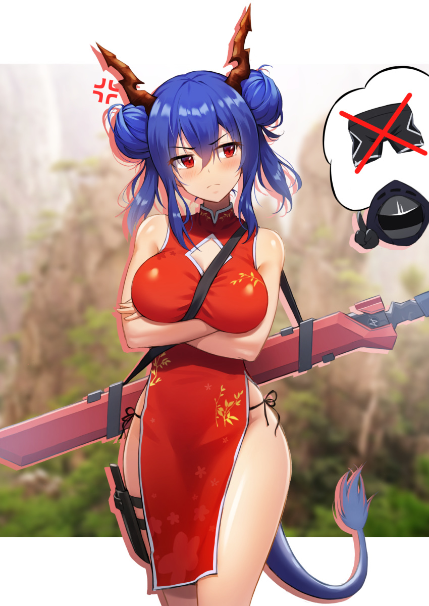 1girl 1other acso alternate_costume anger_vein arknights bangs bare_arms bare_shoulders blue_hair breasts ch'en_(arknights) chi_xiao_(arknights) china_dress chinese_clothes cowboy_shot crossed_arms doctor_(arknights) double_bun dragon_horns dragon_tail dress hair_between_eyes head_tilt highres horns large_breasts long_hair looking_at_viewer panties red_dress red_eyes side-tie_panties sidelocks sleeveless standing tail thigh_strap thighs underwear x