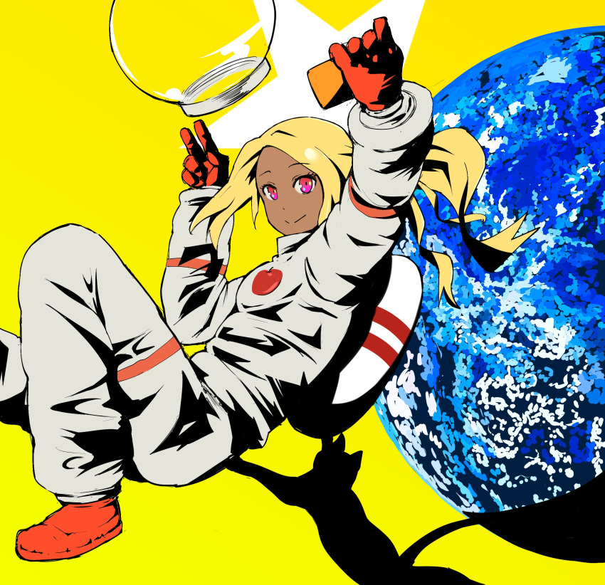 1girl absurdres astronaut black_cat blonde_hair cat cellphone dark_skin dusty_(gravity_daze) earth fishbowl_helmet floating forehead gravity_daze highres holding holding_phone kitten_(gravity_daze) phone planet reaching_out red_eyes self_shot smartphone smile solo space_helmet spacesuit taking_picture val_(escc4347)