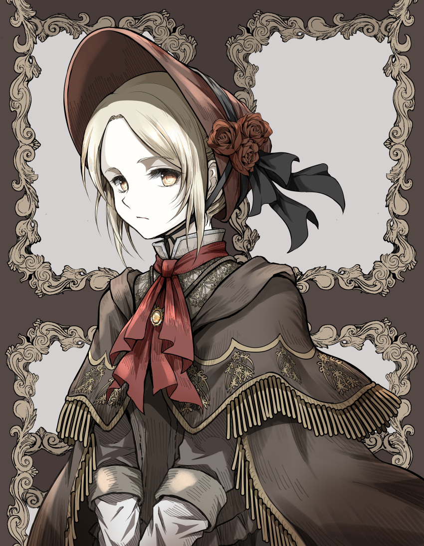 1girl absurdres bangs blonde_hair bloodborne bonnet brown_eyes capelet cloak closed_mouth commentary_request cravat dress flower frown hat highres long_sleeves looking_at_viewer parted_bangs plain_doll red_flower ribbon rose shimoda_masaya short_hair solo upper_body v_arms