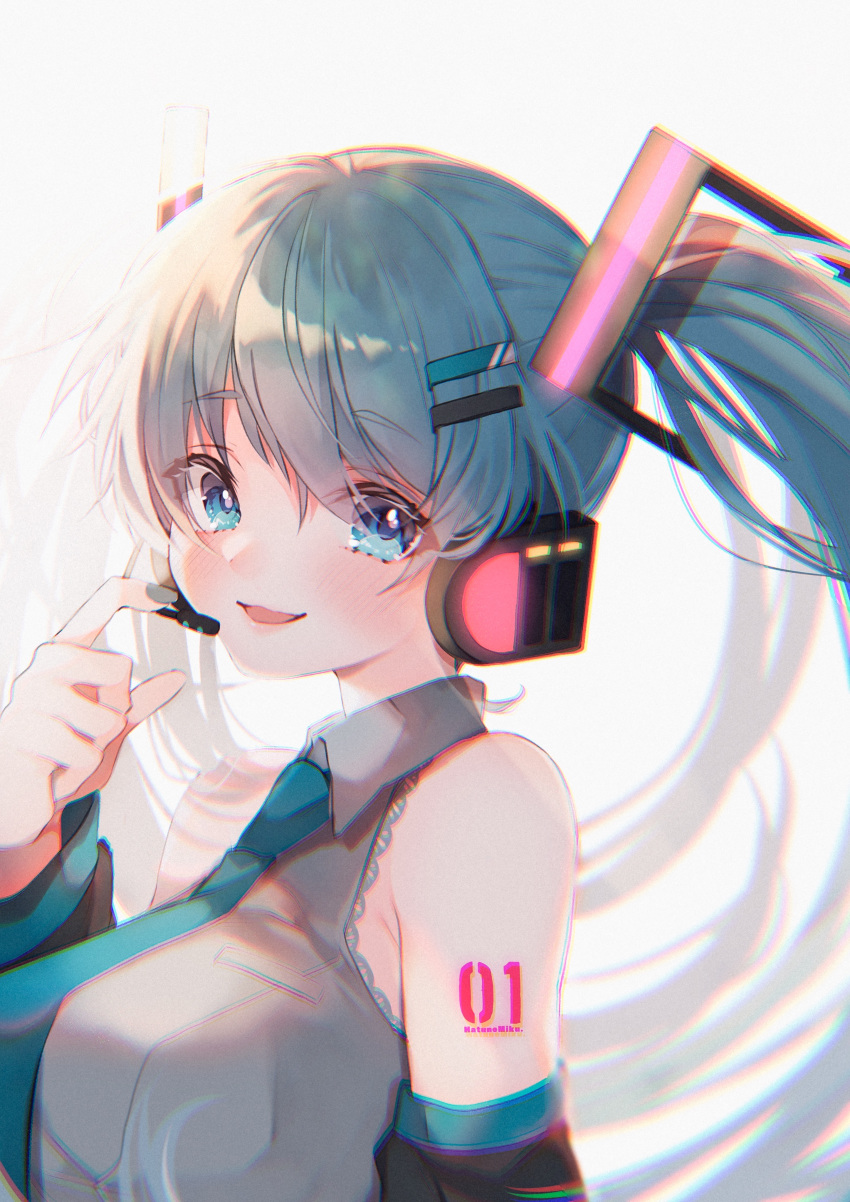 1girl absurdres alternate_breast_size aqua_eyes aqua_hair aqua_neckwear arm_tattoo bangs bare_shoulders blush breasts collared_shirt detached_sleeves eyebrows_visible_through_hair from_side glowing grey_nails grey_shirt hair_ornament hairclip hatsune_miku headphones headset highres lace lace-trimmed_shirt large_breasts long_hair looking_at_viewer marei_(mercy) nail_polish necktie number open_mouth shirt simple_background smile solo tattoo twintails upper_body vocaloid white_background