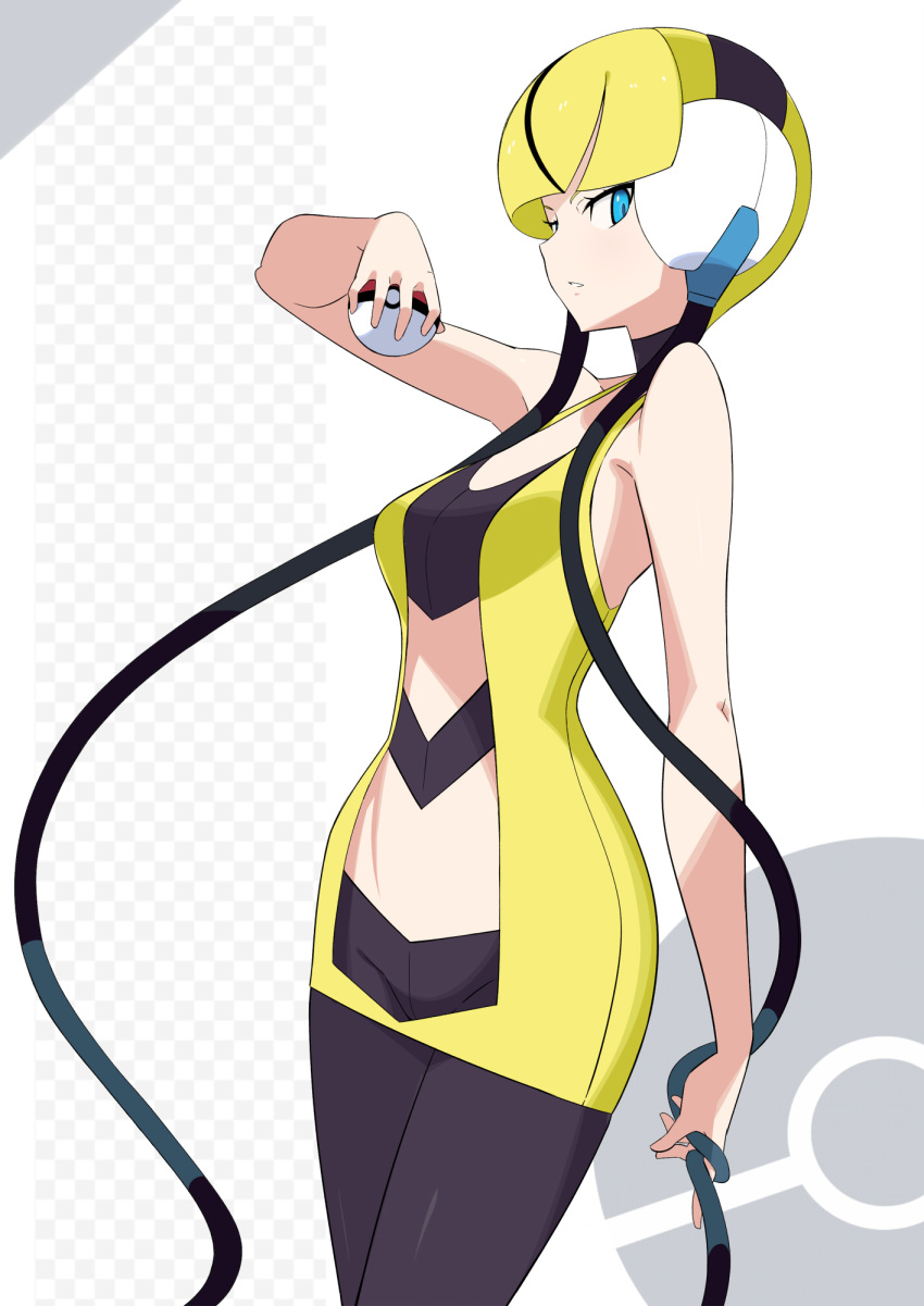 1girl bangs bare_arms black_legwear blonde_hair blue_eyes blunt_bangs checkered commentary elesa_(pokemon) eyelashes gym_leader hand_up headphones highres holding holding_poke_ball looking_at_viewer looking_to_the_side pantyhose parted_lips poke_ball poke_ball_(basic) poke_ball_symbol pokemon pokemon_(game) pokemon_bw sakuraidai short_hair solo