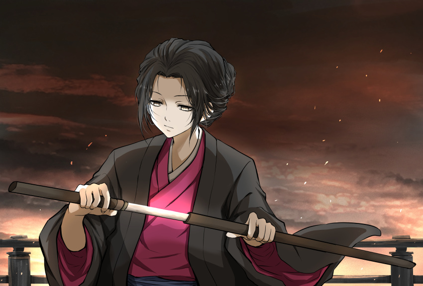 1girl bangs black_hair closed_mouth clouds cloudy_sky commentary_request emma_the_gentle_blade facing_viewer half-closed_eyes highres holding holding_sword holding_weapon japanese_clothes katana kimono long_sleeves looking_down outdoors pink_kimono red_sky sekiro:_shadows_die_twice sheath shimoda_masaya short_hair sky solo sword unsheathing updo upper_body weapon wide_sleeves