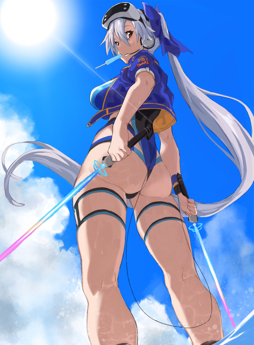 1girl absurdres ass bangs blue_bow blue_jacket bow breasts dual_wielding energy_sword fate/grand_order fate_(series) feet_out_of_frame food food_in_mouth hair_between_eyes hair_bow head_mounted_display headset highleg highleg_swimsuit highres holding holding_sword holding_weapon jacket kneepits large_breasts logo long_hair looking_at_viewer microphone one-piece_swimsuit outdoors ponytail popsicle pretty-purin720 red_eyes short_sleeves sideboob silver_hair skindentation sun sunlight swimsuit sword thigh_strap thighs tomoe_gozen_(fate/grand_order) tomoe_gozen_(swimsuit_saber)_(fate) twisted_torso two-tone_swimsuit weapon wristband
