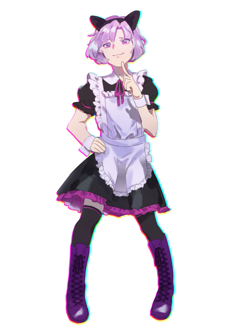 1boy :3 absurdres alternate_costume animal_ears apron argonavis_from_bang_dream! bangs black_dress black_legwear bob_cut boots cat_ears crossdressinging dress enmaided fake_animal_ears finger_to_mouth highres lavender_hair maid male_focus otoko_no_ko senipie smile solo thigh-highs ujigawa_shuu violet_eyes wrist_cuffs