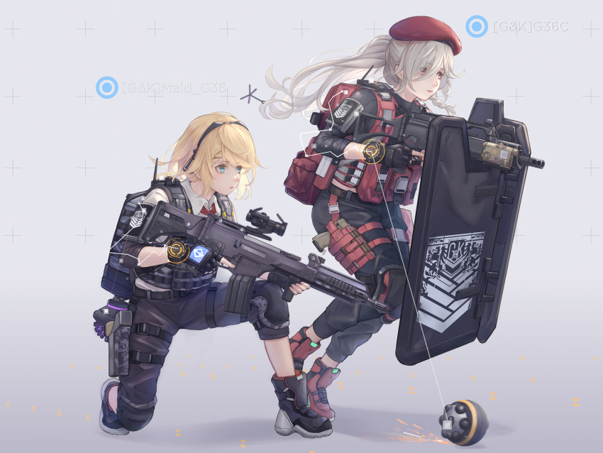 2girls assault_rifle backpack bag beret blonde_hair crossover drone elbow_pads emblem g36_(girls_frontline) g36c_(girls_frontline) girls_frontline gloves grifon_&amp;_kryuger gun handgun hat headphones highres holding holding_gun holding_weapon holstered_weapon knee_pads kneeling multiple_girls red_headwear rifle riot_shield siblings sisters tactical_clothes tom_clancy's_the_division weapon white_hair xyufsky