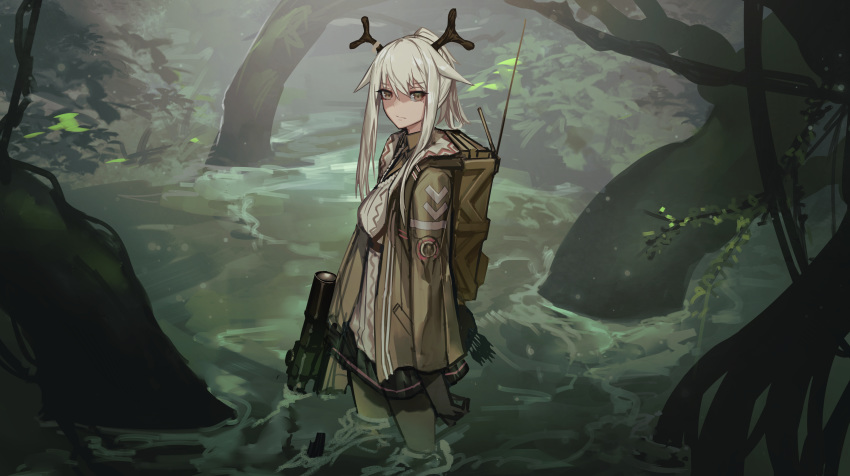 1girl absurdres antlers arknights bangs black_gloves black_legwear black_skirt breasts brown_eyes brown_jacket closed_mouth eyebrows_visible_through_hair firewatch_(arknights) fixro2n gloves grey_hair gun hair_between_eyes highres jacket long_hair long_sleeves looking_at_viewer nature open_clothes open_jacket pantyhose plant pleated_skirt ponytail rifle shirt sidelocks skirt small_breasts sniper_rifle solo standing swamp wading water weapon white_shirt