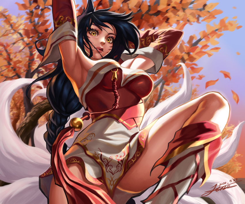 1girl absurdres ahri animal_ears armpits arms_up autumn autumn_leaves black_hair dated detached_sleeves facial_mark fox_ears fox_tail highres kitsune league_of_legends long_hair multiple_tails outdoors parted_lips red_lips signature solo tail tiger_june tree whisker_markings yellow_eyes