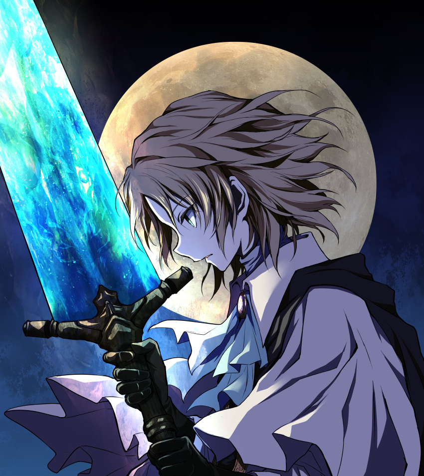 1boy absurdres bloodborne blue_eyes brown_cape brown_gloves cape capelet character_request commentary_request cravat from_side full_moon gloves greatsword hands_up highres holding holding_sword holding_weapon male_focus messy_hair moon moonlight_greatsword shimoda_masaya short_hair solo sword upper_body weapon white_capelet