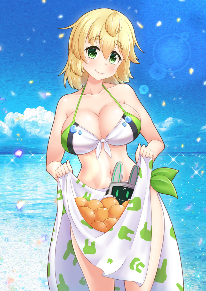 beach bikini blonde_hair blue_sky breasts clouds cloudy_sky food fruit green_eyes highres huge_breasts looking_at_viewer ocean orange robot sarong sarong_lift shiromaru_(maniado) sky smile sparkle sunlight swimsuit thick_eyebrows