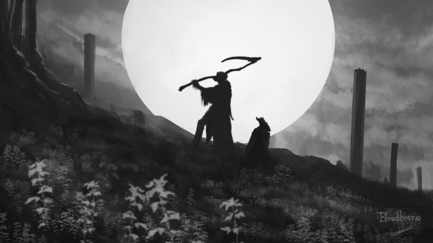 1boy 1other ambiguous_gender bloodborne clouds cloudy_sky commentary copyright_name field flower flower_field fog gehrman_the_first_hunter greyscale hat hill holding holding_scythe holding_weapon hunter_(bloodborne) imminent_hit kneeling monochrome moon nature outdoors pillar scenery scythe silhouette sky spoilers standing tricorne tripdancer weapon wide_shot