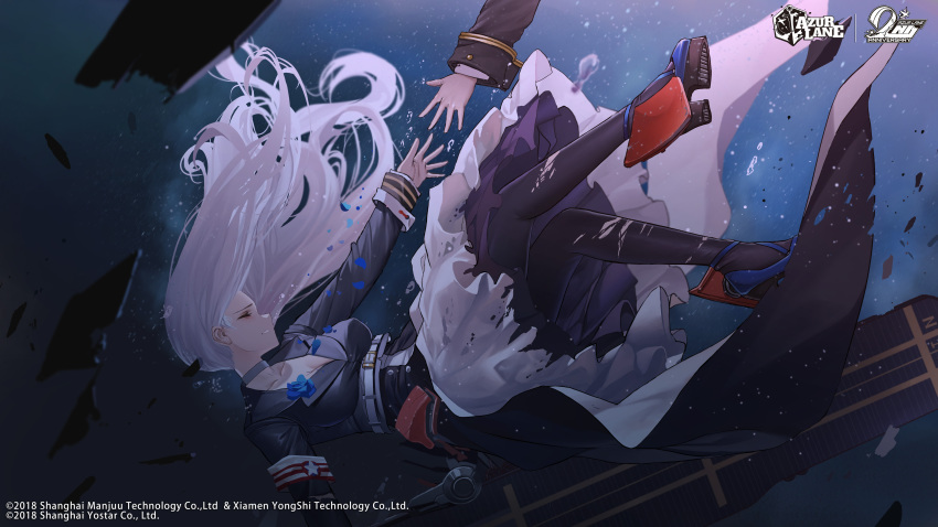 1girl absurdres armband azur_lane belt black_coat black_legwear breasts choker closed_eyes coat debris dishwasher1910 enterprise_(azur_lane) flight_deck floating_hair highres long_sleeves medium_breasts official_art pantyhose reaching_out rudder_footwear sinking skirt solo_focus torn_clothes torn_skirt underwater water white_hair white_skirt yorktown_(azur_lane)