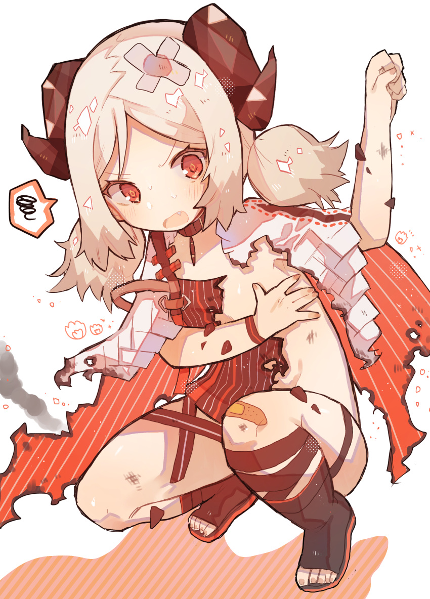 1girl absurdres arknights bandaid bandaid_on_head bandaid_on_knee blonde_hair burnt_clothes choker covering covering_breasts fang highres horns ifrit_(arknights) kokemoco nail_polish open_toe_shoes red_eyes short_twintails solo squatting twintails v-shaped_eyebrows white_background