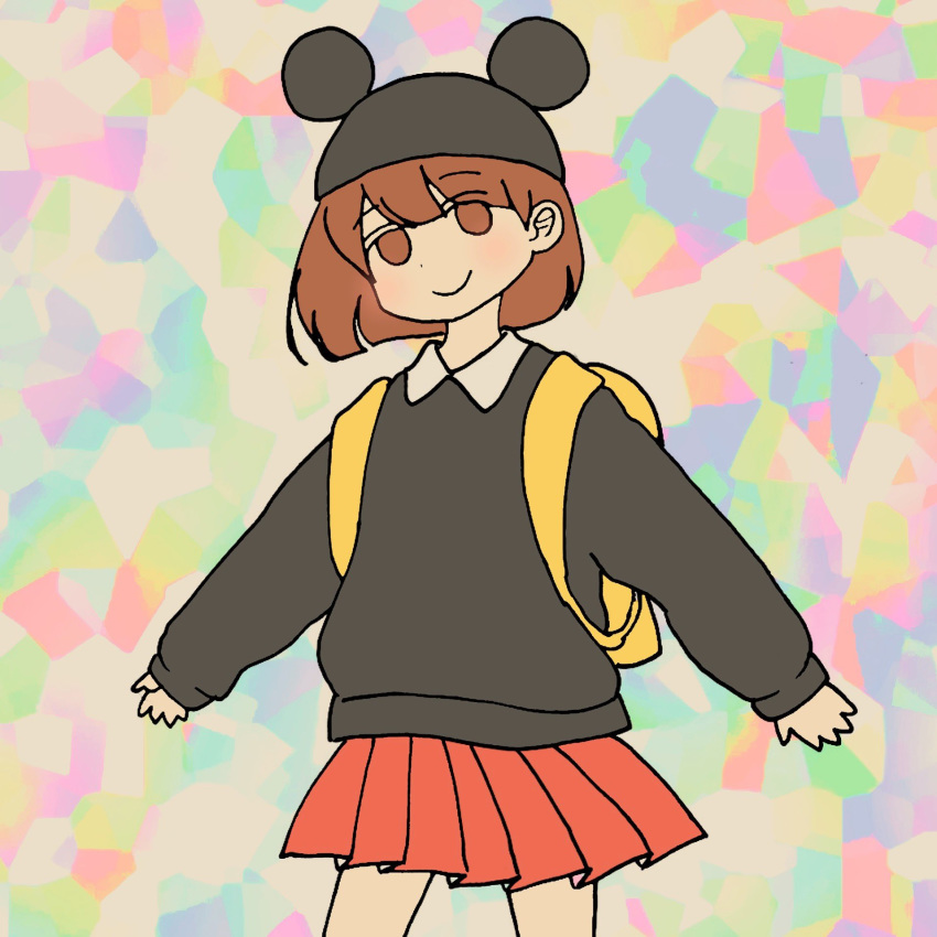 1girl awayawa_pic backpack bag black_shirt blush brown_eyes brown_hair closed_mouth highres long_sleeves mickey_mouse_ears no_pupils original outstretched_arms pleated_skirt red_skirt shirt short_hair skirt smile solo spread_arms standing yellow_backpack