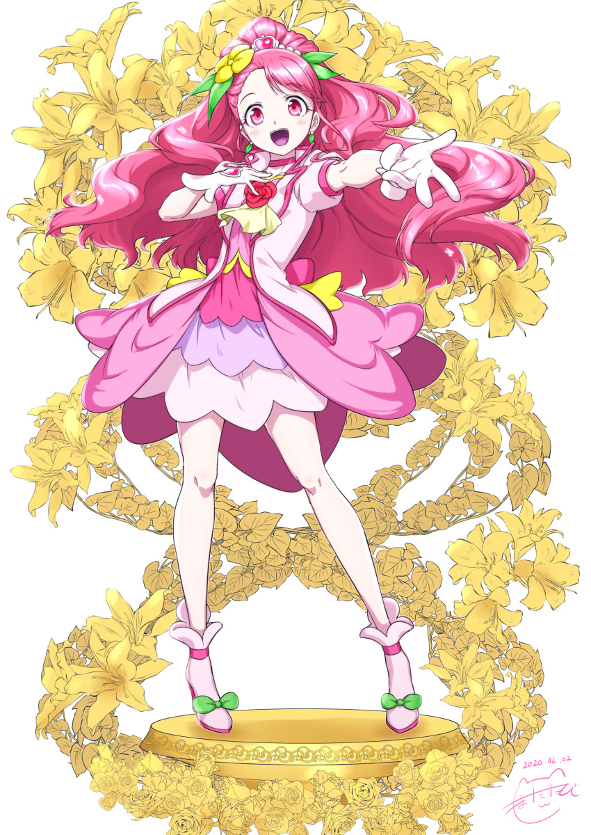 1girl 2020 :d absurdres asymmetrical_bangs bangs bow choker cure_grace dated dress earrings floating_hair flower full_body gloves green_bow hair_flower hair_ornament healin'_good_precure high_ponytail highres jewelry layered_dress long_hair looking_at_viewer matatabi_(karukan222) multicolored multicolored_clothes multicolored_dress open_mouth outstretched_arm pink_choker pink_hair precure red_eyes shiny shiny_hair short_dress smile solo standing very_long_hair white_background white_footwear white_gloves yellow_flower