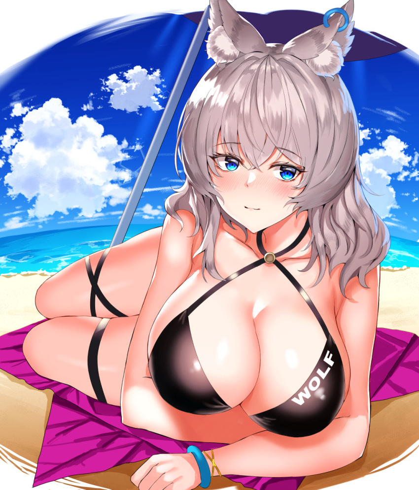 1girl animal_ear_fluff animal_ears bangs beach beach_towel bikini black_bikini blue_eyes blue_sky blush bracelet breasts clouds commentary_request day eyebrows_visible_through_hair halterneck highres jewelry large_breasts long_hair looking_at_viewer lying ocean original rinaka_moruchi silver_hair sky smile solo swimsuit thigh_strap thighs towel wolf_ears