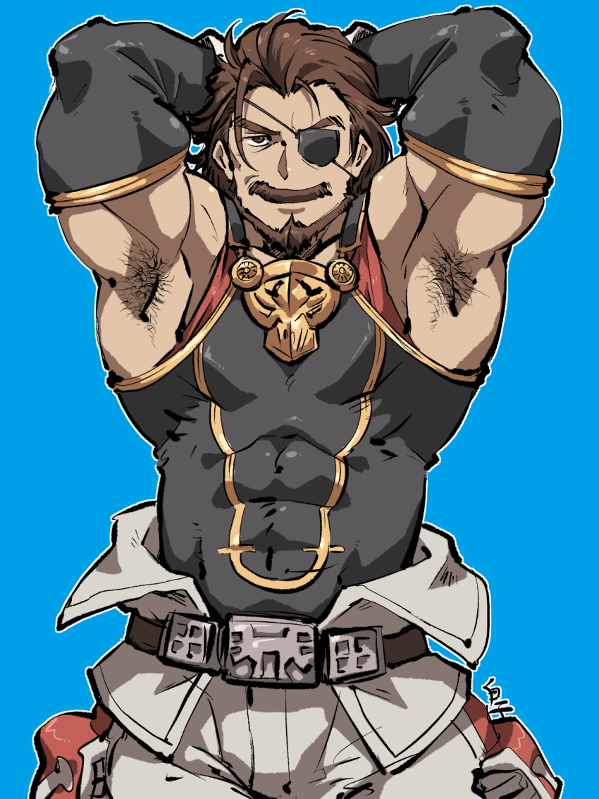 1boy armpit_hair bara beard brown_hair chest covered_abs detached_sleeves eugen_(granblue_fantasy) eyepatch facial_hair granblue_fantasy highres kirupi looking_at_viewer male_focus manly muscle pectorals shirtless short_hair simple_background solo thick_thighs thighs upper_body