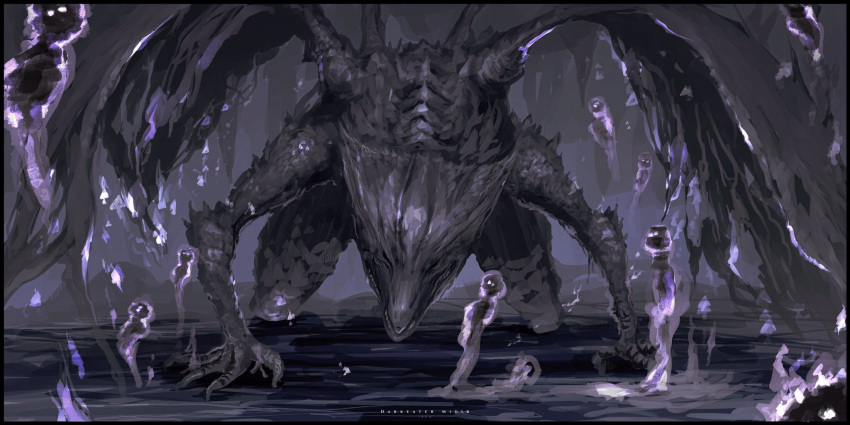 all_fours artist_name cave character_name claws dark_souls_iii darkeater_midir dragon facing_viewer full_body highres ibuo_(ibukht1015) leaning_forward multiple_wings no_humans scales solo souls_(from_software) spine spirit stalactite teeth water western_dragon wings