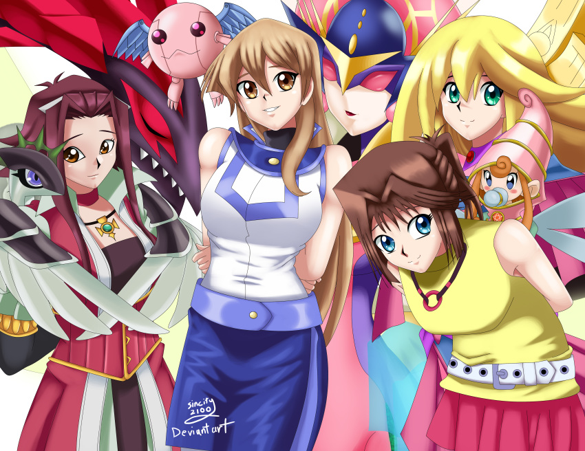 arms_behind_back berry_magician_girl black_hair black_rose_dragon blonde_hair blue_eyes blue_skirt brown_eyes brown_hair cute cyber_angel_vishnu dark_magician_girl deviantart gold_eyes happy izayoi_aki leaning_forward mazaki_anzu multiple_girls necklace orange_eyes orange_hair piggyback pink_eyes pink_skirt ponytail red_dress red_skirt redhead rose sailor_collar sincity2100 sleeveless smile tenjouin_asuka white_background white_jacket white_rose white_rose_dragon yellow_shirt yu-gi-oh! yuu-gi-ou yuu-gi-ou_5d's yuu-gi-ou_duel_monsters yuu-gi-ou_gx yuu-gi-ou_the_dark_side_of_dimensions