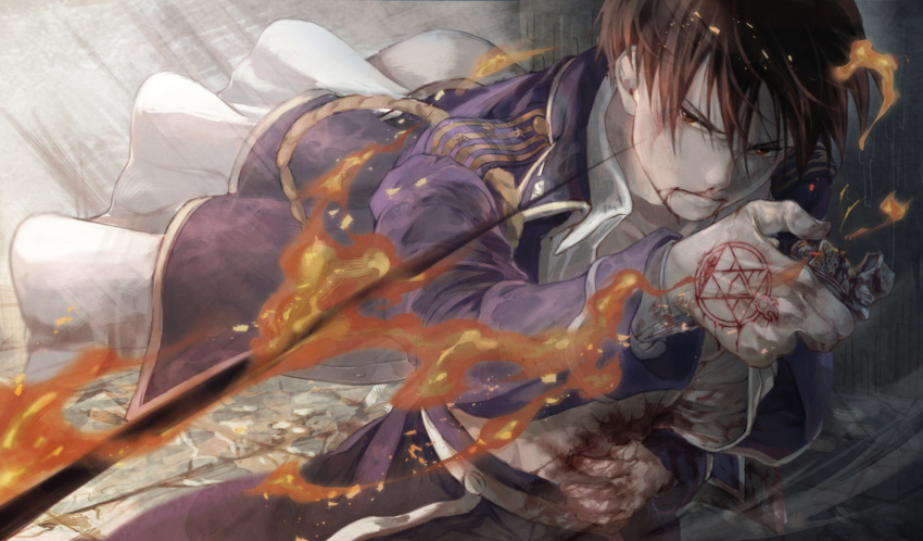 1boy 1girl abs amestris_military_uniform bangs black_eyes black_hair bleeding blood bloody_clothes bloody_hands blue_coat burning coat collared_shirt dirty dirty_face fire frown fullmetal_alchemist gloves hair_between_eyes hand_on_own_stomach highres holding holding_lighter injury lighter looking_at_another lust magic_circle male_focus military military_uniform roy_mustang shirt short_hair solo_focus unbuttoned unbuttoned_shirt uniform upper_body v-shaped_eyebrows white_gloves white_shirt yuu_(kotobana_0418)