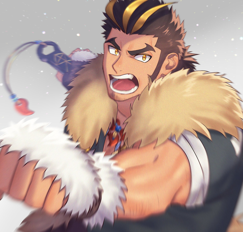 1boy blonde_hair body_hair brown_hair chest_hair facial_hair fighting_stance highres kihane_atsusane looking_at_viewer male_focus manly multicolored_hair muscle short_hair sideburns solo streaked_hair thick_eyebrows tokyo_houkago_summoners upper_body yamasachihiko_(tokyo_houkago_summoners) yellow_eyes