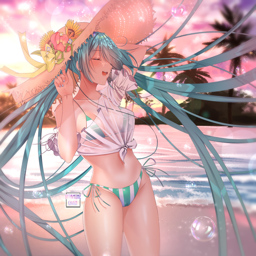 1girl absurdres aqua_hair beach bikini bubble closed_eyes commentary crypton_future_media cute eyebrows_visible_through_hair flower hat hat_flower hatsune_miku highres huge_filesize long_hair see-through shirt smile striped striped_bikini summer swimsuit tied_shirt twintails vitaminechan vocaloid yamaha_(company)