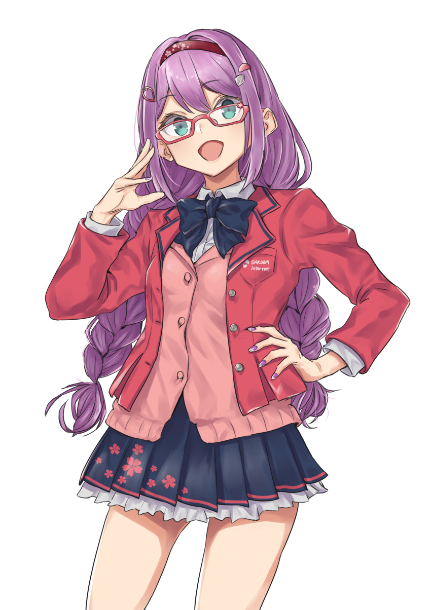 1girl absurdres bespectacled black_neckwear blue_skirt bow bowtie braid breast_pocket cardigan floral_print g9_(jiiku) glasses green_eyes hair_ornament hairband hairclip hand_on_hip hand_up highres jacket long_hair nijisanji open_mouth pink_cardigan pocket purple_hair purple_nails red-framed_eyewear red_hairband red_jacket sakura_ritsuki simple_background skirt solo twin_braids virtual_youtuber white_background