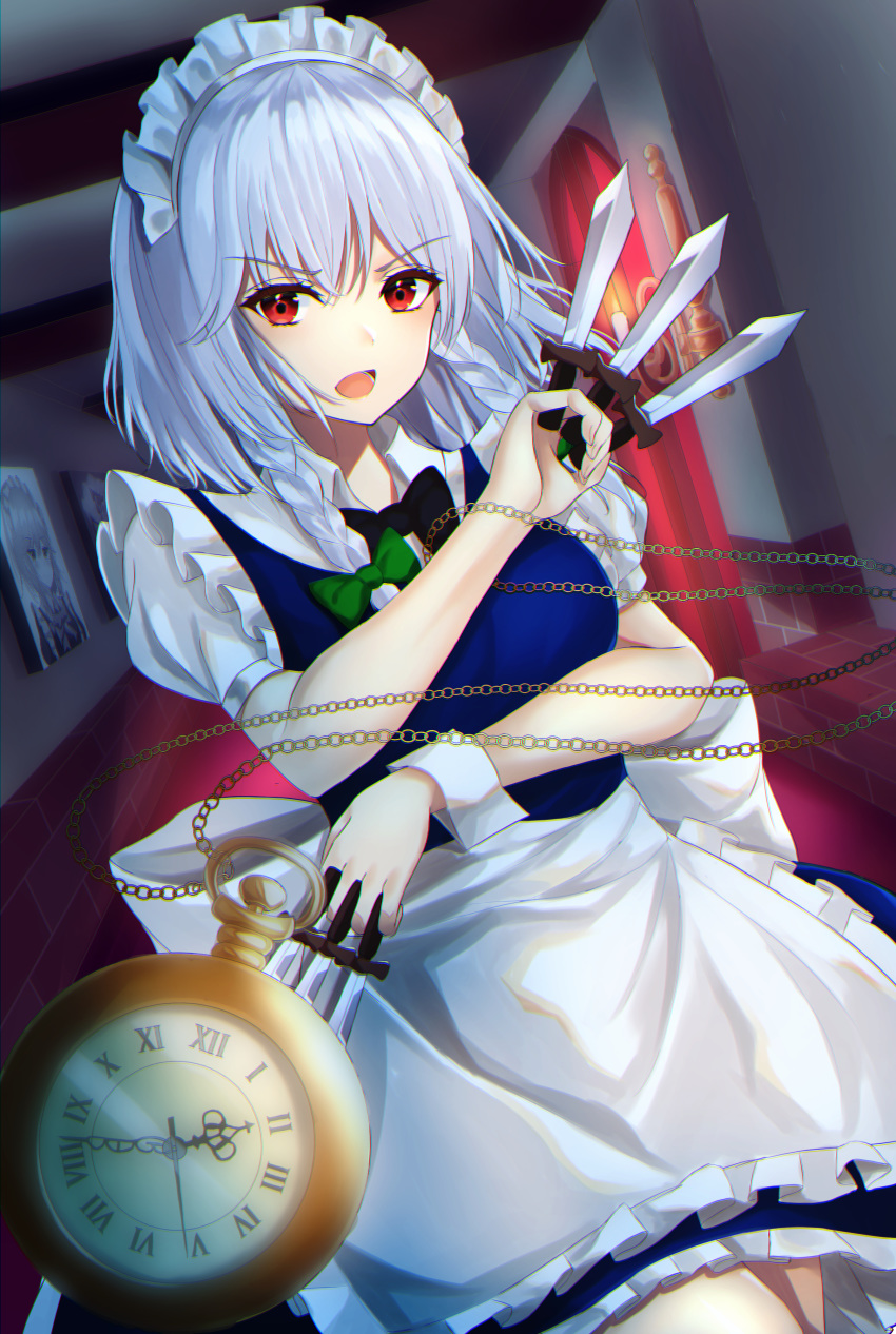 1girl absurdres apron arms_up between_fingers black_neckwear blue_skirt blue_vest blurry blurry_background blurry_foreground bow bowtie braid breasts chain commentary_request cowboy_shot dutch_angle eyebrows_visible_through_hair furrowed_eyebrows hair_ribbon hallway highres holding holding_knife indoors izayoi_sakuya knife kure:kuroha looking_at_viewer maid_headdress medium_breasts open_mouth photo_(object) pocket_watch puffy_short_sleeves puffy_sleeves red_carpet red_eyes ribbon roman_numerals sconce shirt short_hair short_sleeves silver_hair skirt solo standing touhou tress_ribbon twin_braids vest waist_apron watch white_shirt wrist_cuffs