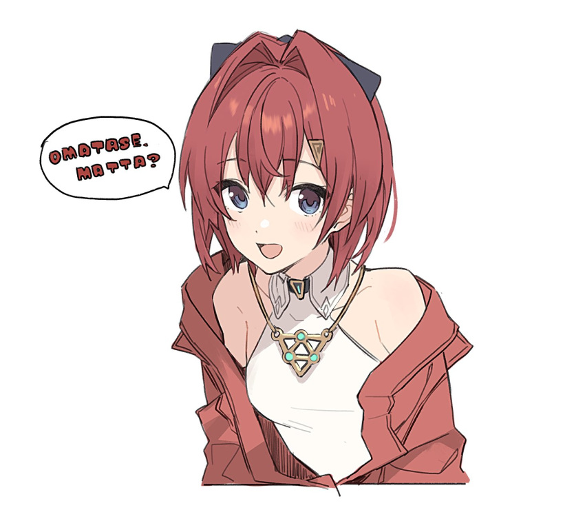 1girl :d ange_katrina blue_eyes blush breasts catchphrase dress eyebrows_visible_through_hair hair_between_eyes hair_ornament hair_ribbon hairclip highres jacket jewelry looking_at_viewer necklace nijisanji off_shoulder open_clothes open_jacket open_mouth red_jacket redhead ribbon romaji_text short_hair simple_background sleeveless sleeveless_dress small_breasts smile solo speech_bubble teshima_nari translated upper_body virtual_youtuber white_background white_dress wing_collar