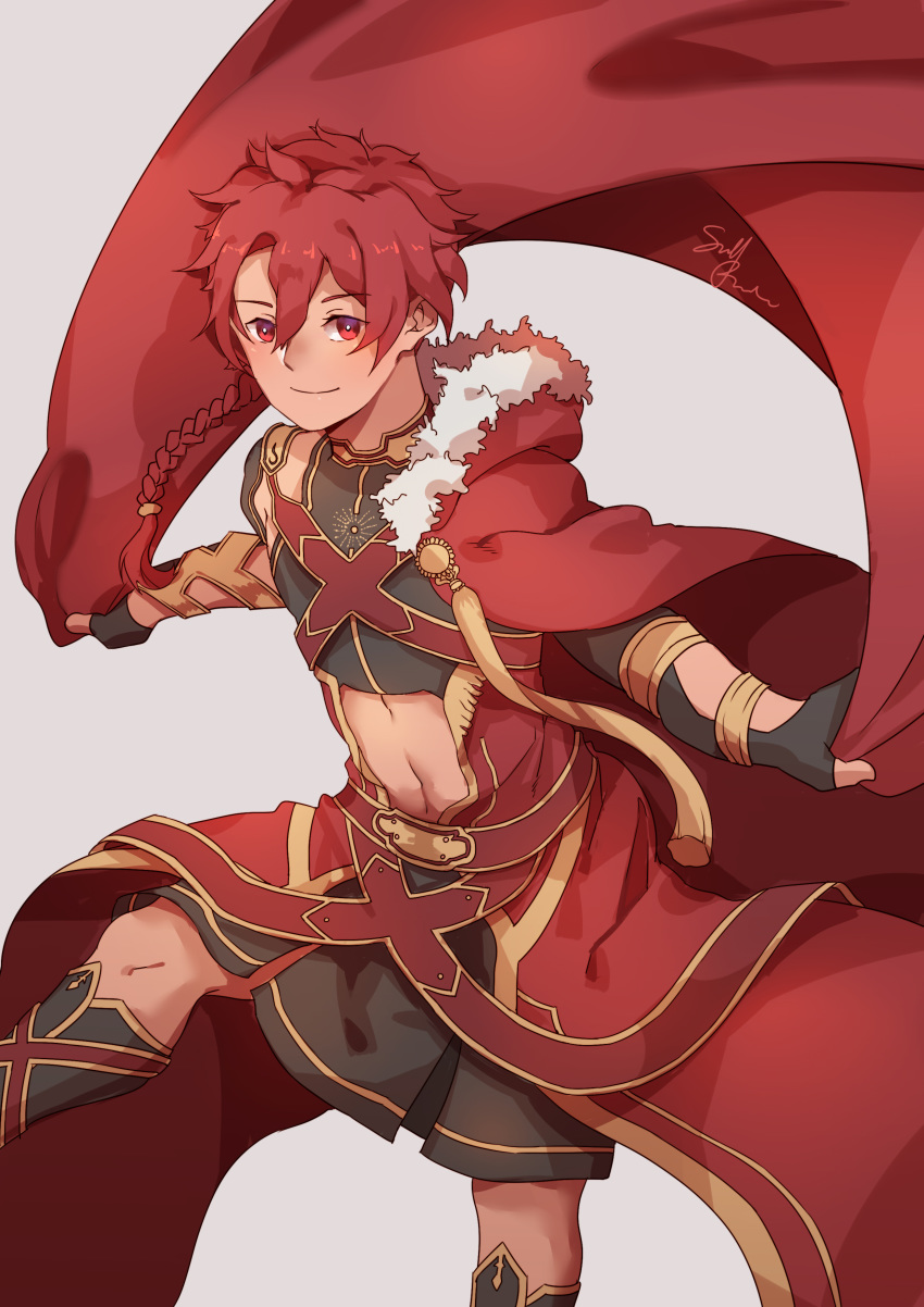 1boy absurdres alexander_(fate/grand_order) braid cape commentary cowboy_shot eyebrows_visible_through_hair fate/grand_order fate_(series) fur_trim greek_clothes guoguo hair_between_eyes highres male_focus muscle red_eyes redhead simple_background single_braid smile