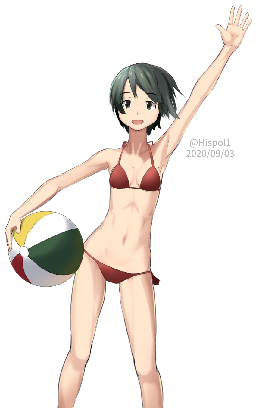 1girl absurdres ball bangs beachball bikini black_hair breasts brown_eyes dated feet_out_of_frame highres hispol kantai_collection looking_at_viewer lowleg lowleg_bikini mogami_(kantai_collection) red_bikini short_hair side-tie_bikini simple_background small_breasts solo standing swept_bangs swimsuit twitter_username waving white_background