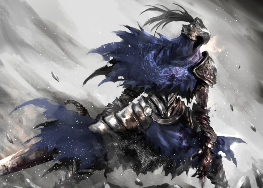 1boy arm_at_side armor artorias_the_abysswalker cape commentary_request dark_souls facing_viewer full_armor gauntlets grey_background helmet highres holding holding_sword holding_weapon knight legs_apart looking_to_the_side male_focus pauldrons plume shimoda_masaya shoulder_armor solo souls_(from_software) sword torn_cape torn_clothes weapon