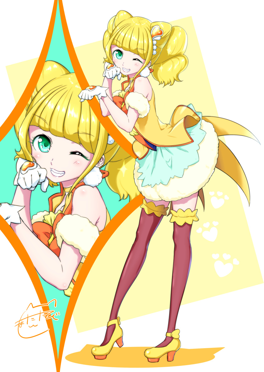 1girl absurdres bangs blonde_hair blunt_bangs brown_legwear cure_sparkle eyebrows_visible_through_hair gloves green_eyes grin hair_ornament healin'_good_precure highres jacket long_hair looking_at_viewer matatabi_(karukan222) miniskirt one_eye_closed paw_pose precure shiny shiny_hair skirt sleeveless smile solo standing thigh-highs twintails white_background white_gloves yellow_footwear yellow_jacket