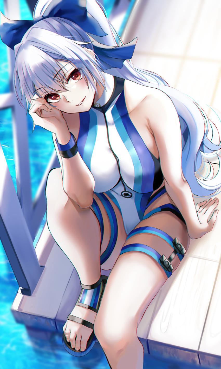 1girl absurdres bangs blue_bow blue_swimsuit bow breasts fate/grand_order fate_(series) hair_between_eyes hair_bow highleg highleg_swimsuit highres large_breasts long_hair looking_at_viewer nicky_w one-piece_swimsuit ponytail red_eyes silver_hair swimsuit thighs tomoe_gozen_(fate/grand_order) tomoe_gozen_(swimsuit_saber)_(fate) two-tone_swimsuit white_swimsuit