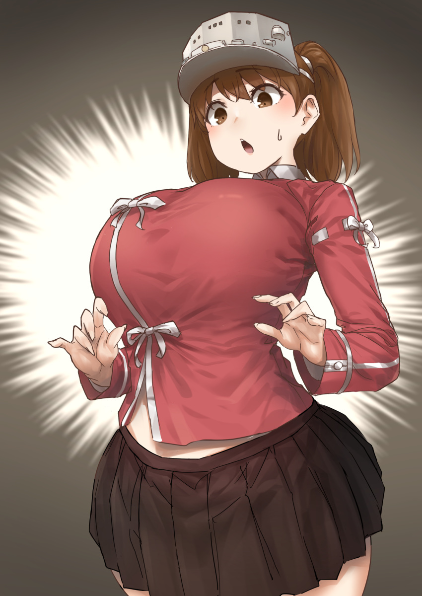1girl alternate_breast_size bangs black_skirt blush breasts brown_eyes brown_hair brown_skirt gradient gradient_background grey_background heresy highres huge_breasts japanese_clothes kantai_collection long_sleeves looking_down medium_hair open_mouth pleated_skirt red_shirt revision role_reversal ryuujou_(kantai_collection) shirt signature simple_background skirt solo striped striped_skirt surprised sweat twintails uru_(uru0000) visor_cap