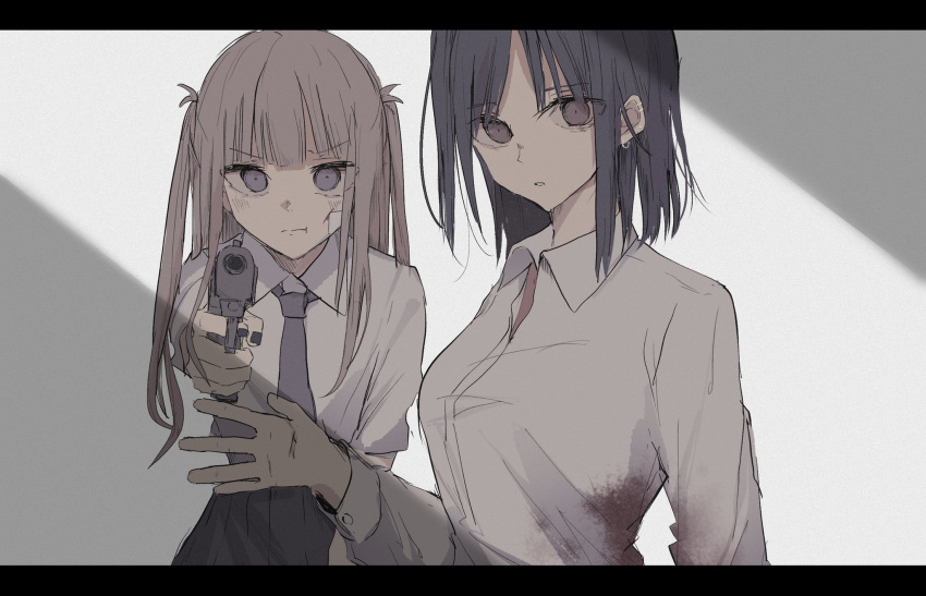 2girls :t aiming_at_viewer bangs black_hair black_skirt blood bloody_clothes blush breasts brown_eyes brown_hair closed_mouth collared_shirt commentary_request dress_shirt ear_piercing eating eyebrows_visible_through_hair gun hand_up handgun highres holding holding_gun holding_weapon letterboxed long_hair long_sleeves looking_at_viewer medium_breasts multiple_girls necktie original parted_bangs parted_lips piercing pistol pleated_skirt pout purple_neckwear shirt skirt tsuruse two_side_up violet_eyes weapon white_shirt